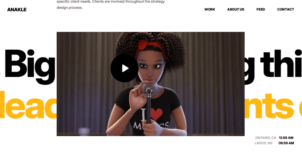 Anakle Nigeria creative agency website homepage with embedded video feature