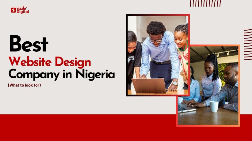 Sizzle Digital blog banner showing Nigerian web design team collaborating on laptop