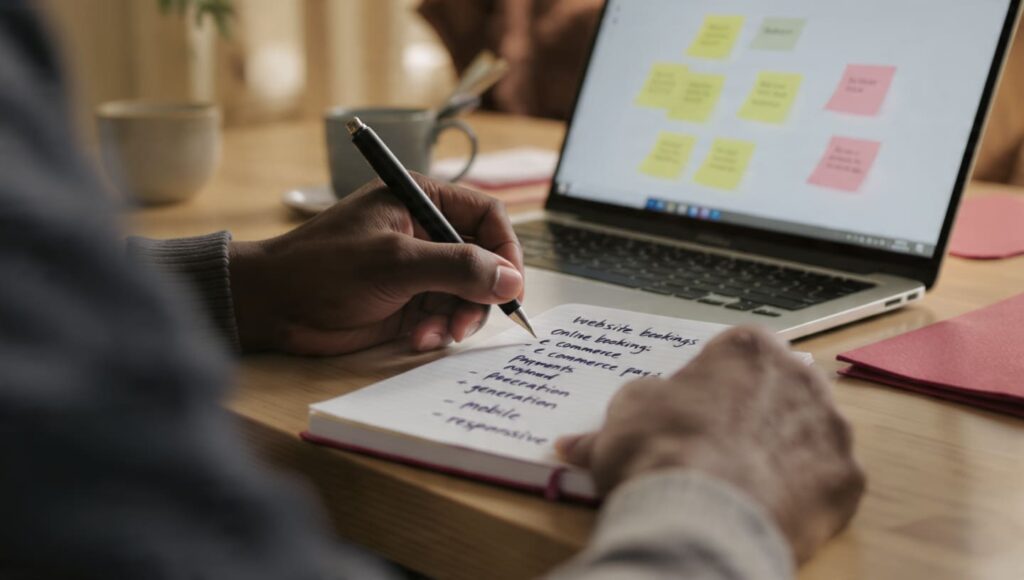 Nigerian entrepreneur writing website goals before choosing a web design agency in Abuja.