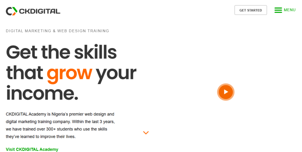 CKDigital Academy homepage promoting digital marketing and web design