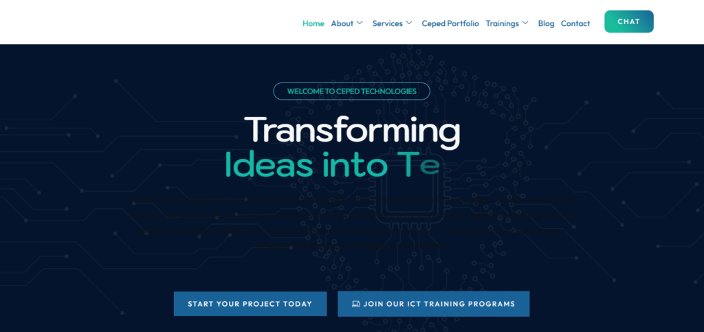 Ceped Technologies homepage hero with dark blue circuit board background