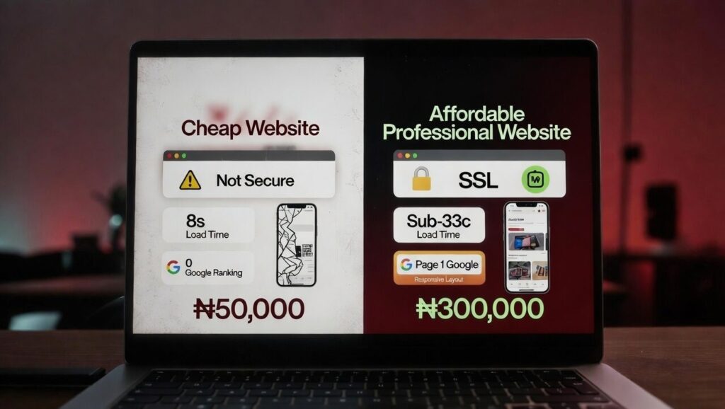 Comparison of cheap vs affordable website design in Nigeria showing quality and revenue impact
