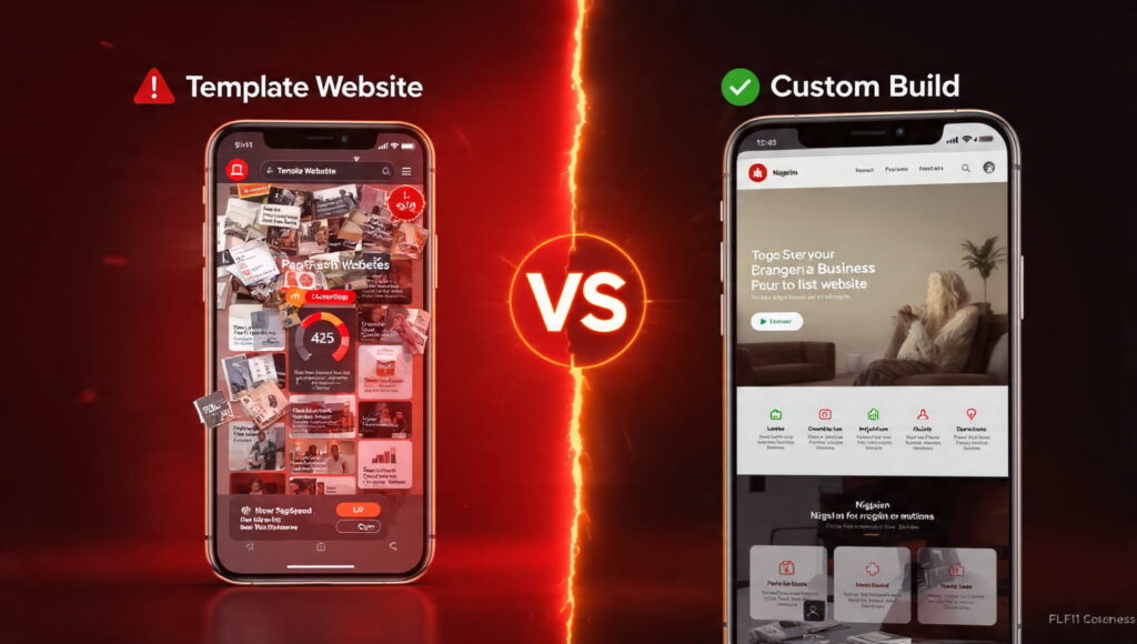 Side-by-side comparison of a WordPress template website vs a custom-built website in Nigeria — page speed and design quality