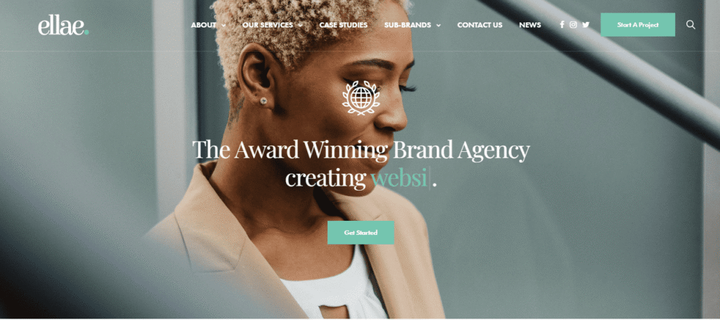 Ellae award-winning brand agency homepage with portrait hero background