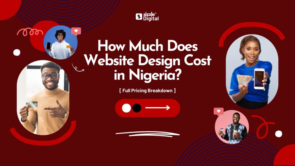 Red promotional banner showing “How Much Does Website Design Cost in Nigeria?” with Nigerian entrepreneurs holding credit cards and cash, highlighting website pricing breakdown for 2026