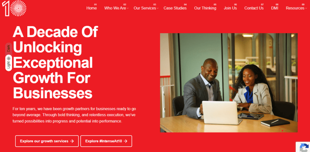 Intense agency red homepage celebrating a decade of business growth