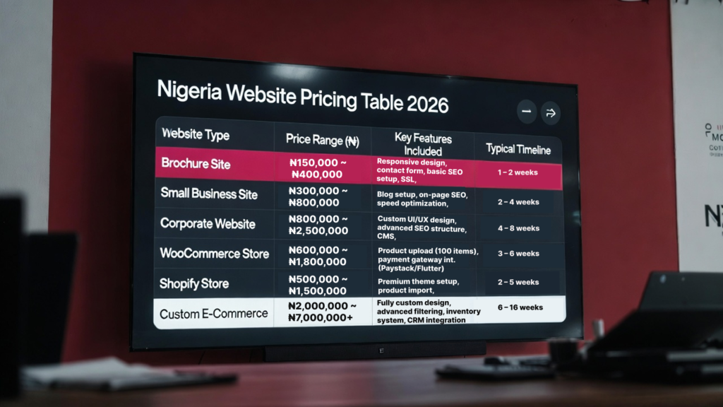 Website design cost in Nigeria 2026 pricing table by business type