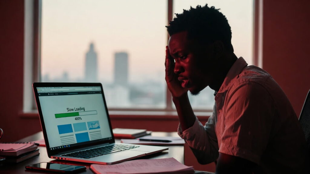 Nigerian business owner frustrated with slow template website — custom website design vs templates Nigeria comparison