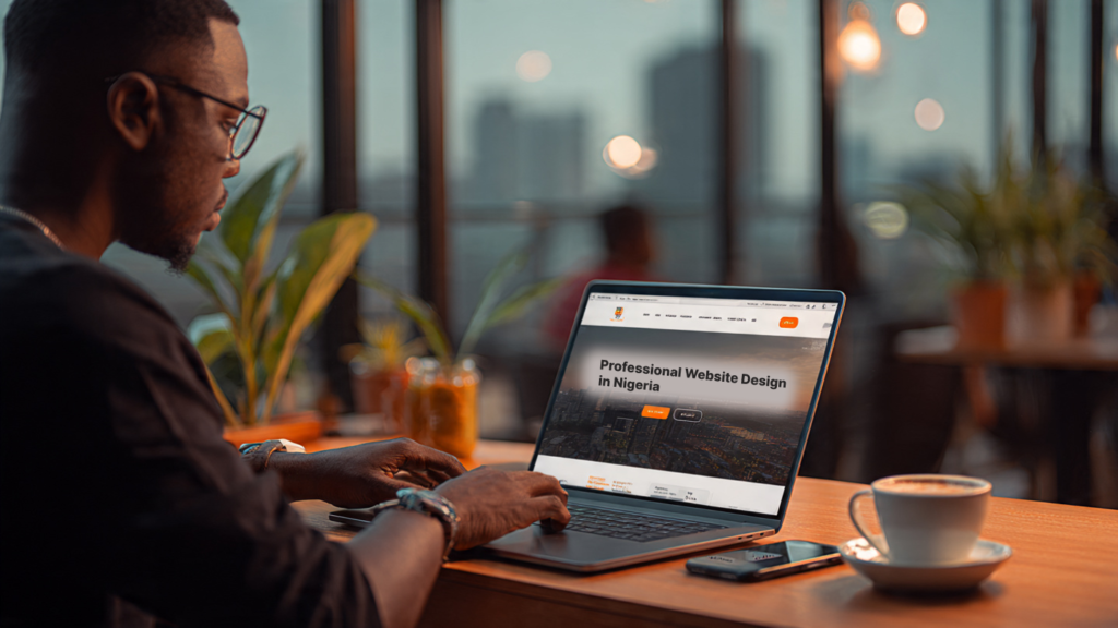 Nigerian business owner reviewing professional website design in Nigeria on laptop in Lagos office 2026.