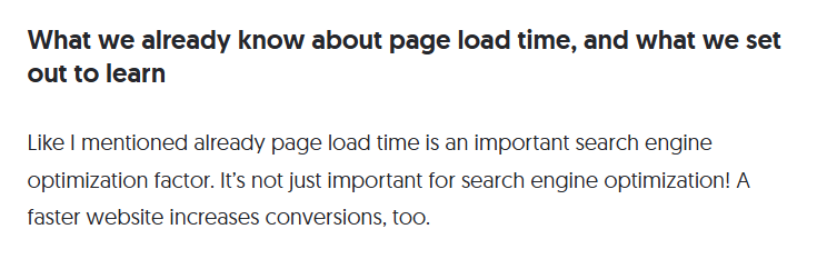 Screenshot of article section discussing page load time as an SEO ranking factor and its impact on conversions.