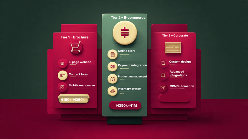 Professional website design in Nigeria pricing tiers 2026 β affordable web design cost comparison brochure ecommerce corporate
