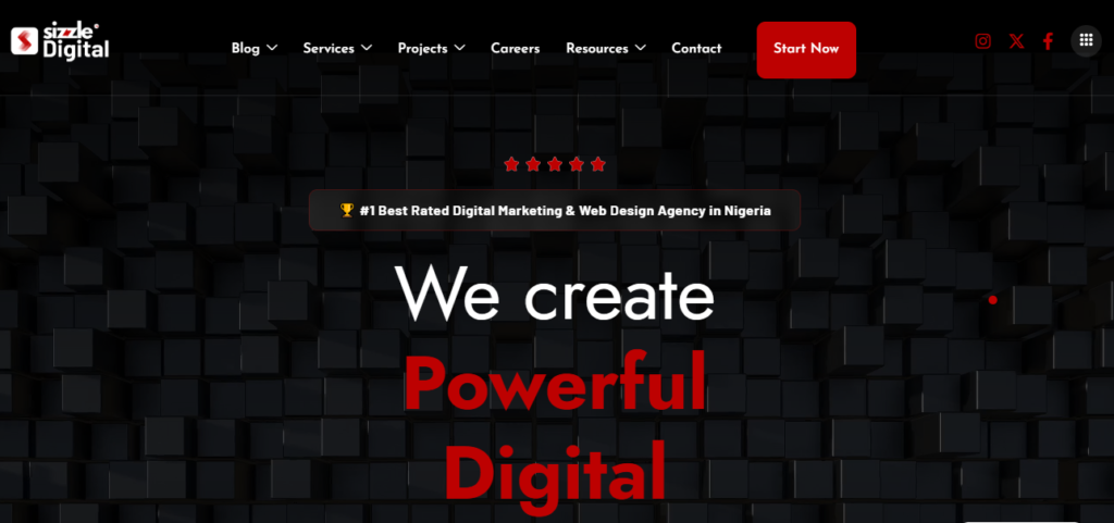 Sizzle Digital Nigeria homepage showcasing web design and digital marketing services