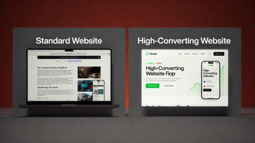 Standard website vs high-converting website Nigeria comparison with CTA and layout differences