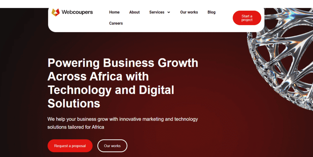 Webcoupers homepage showcasing technology and digital solutions for business growth across Africa with call-to-action buttons.