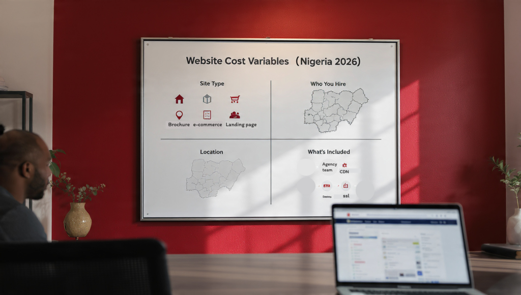 Infographic showing website design cost in Nigeria and key pricing factors for 2026