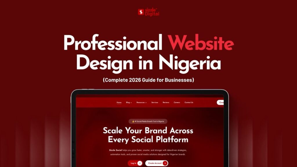 Professional website design in Nigeria 2026 guide displayed on tablet screen with red brand background