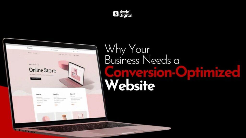 Laptop displaying online store website with conversion-optimized headline on black and red business background