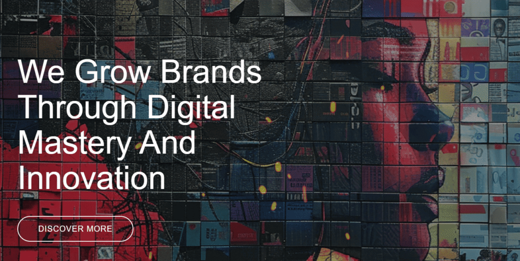 Wild Fusion homepage banner with “We Grow Brands Through Digital Mastery And Innovation” over artistic mosaic background.