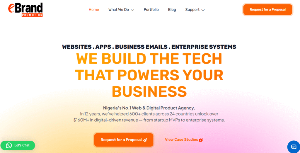 eBrand Promotion homepage featuring web, apps, business emails, and enterprise systems with proposal call-to-action.