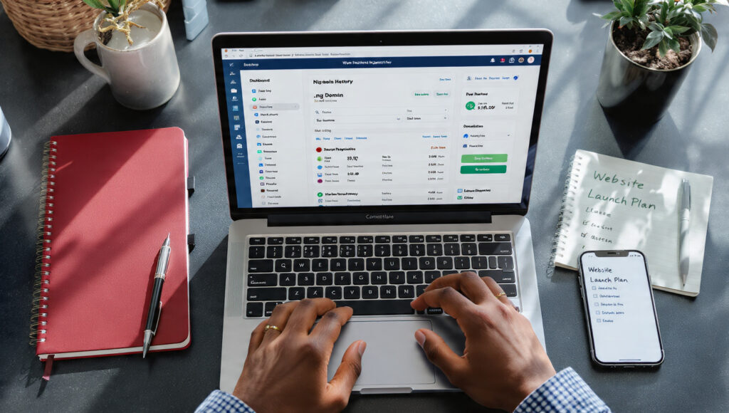 Nigerian business owner comparing web hosting plans on laptop for company website