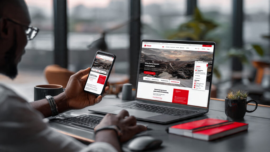 Nigerian business owner reviewing new company website on laptop and phone