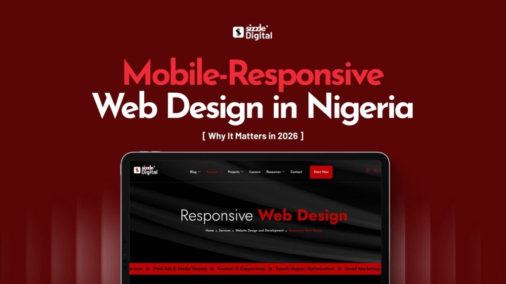 Sizzle Digital blog banner showing responsive web design on tablet with dark red background