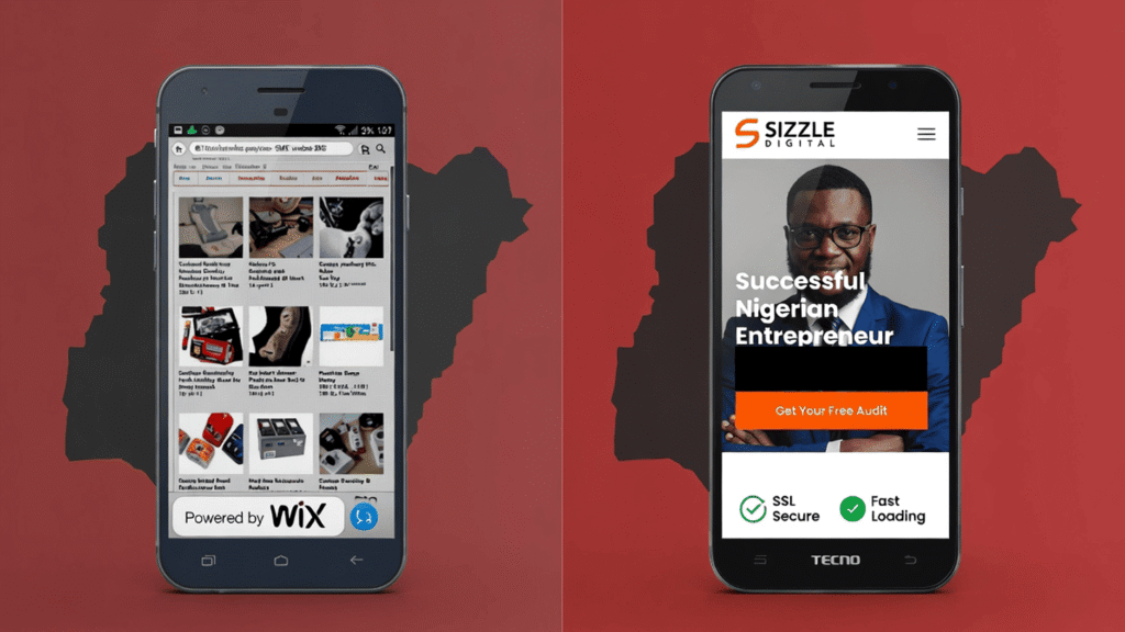 Website redesign costs Nigeria — before and after homepage transformation for Lagos SME showing outdated versus modern conversion-focused design