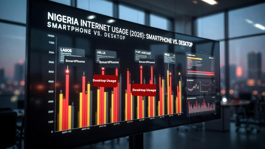 Bar chart showing smartphone vs desktop internet usage in Nigeria 2026 with Lagos, Abuja, and Port Harcourt highlighted