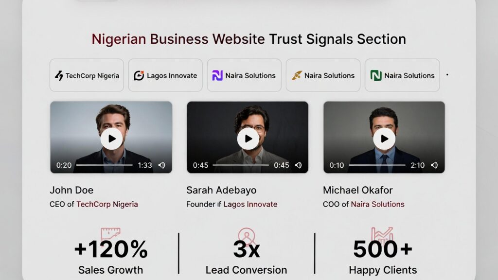 Nigerian business website testimonials trust signals client logos social proof conversion 2026