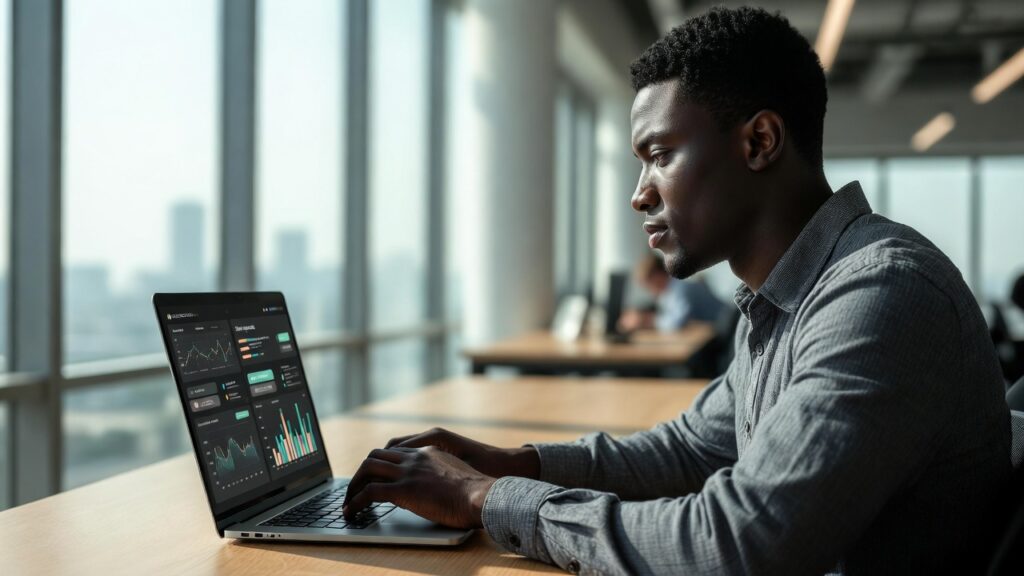 Nigerian entrepreneur reviewing lead gen website Nigeria on laptop in modern Lagos office