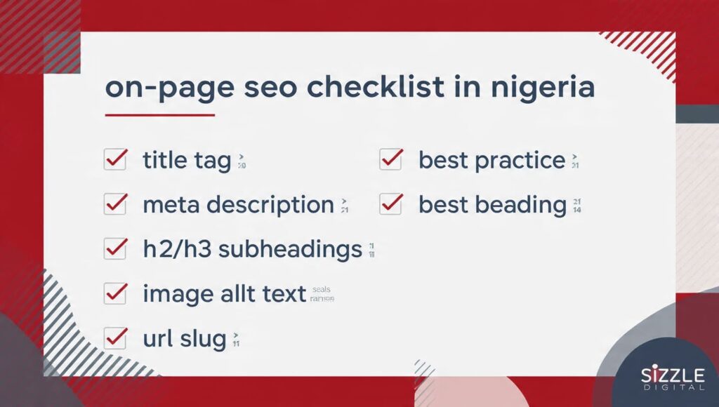On-page SEO checklist for Nigerian website showing meta tags, headings, internal links, and image alt text optimisation