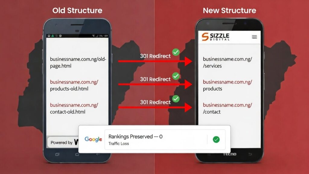URL structure redesign tips Abuja — showing proper 301 redirect mapping that protects Google rankings during Nigerian website redesign