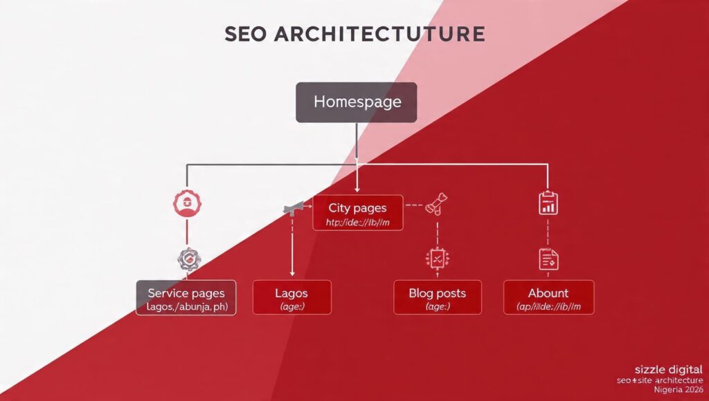 SEO website architecture diagram for Nigerian business showing flat site structure and keyword-mapped URL hierarchy