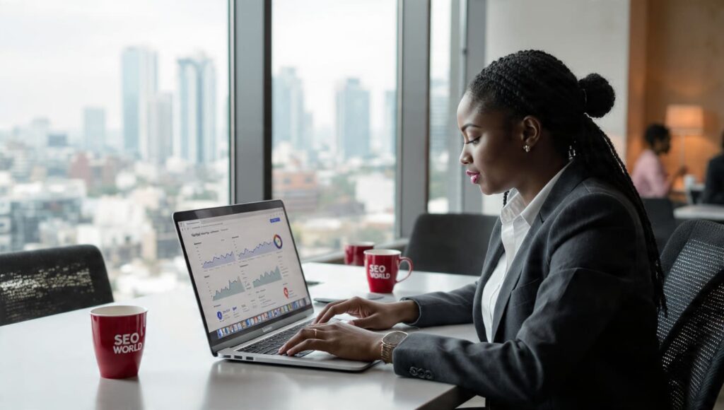 Nigerian web designer reviewing Google SEO dashboard and keyword rankings on laptop in Lagos office