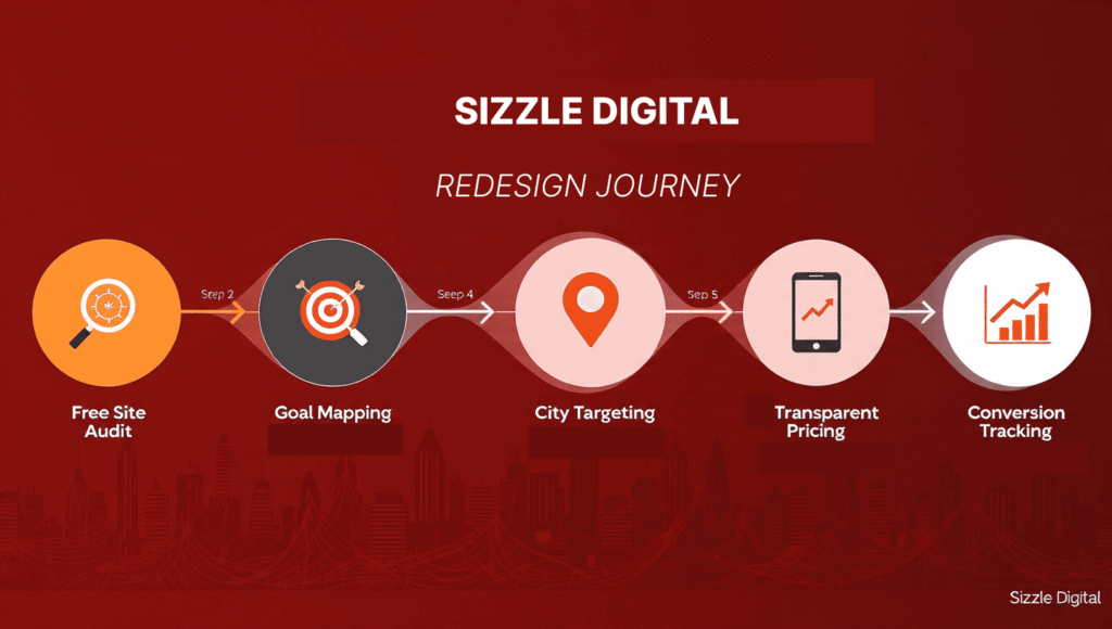 Sizzle Digital website redesign process Nigeria — six-step client journey from free audit to conversion tracking for Lagos and Abuja SMEs