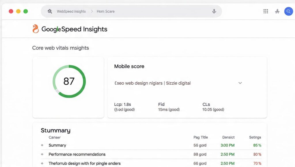 Google PageSpeed Insights dashboard showing technical SEO scores for a Nigerian business website speed mobile Core Web Vitals